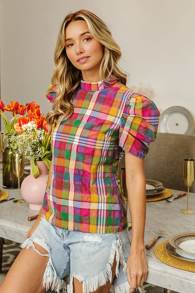 BiBi Short Puff Sleeve Washed Vintage Plaid Top