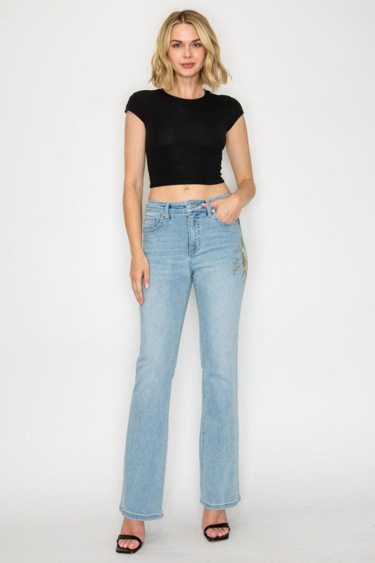 HIGH RISE EMBROIDERED MODERN BOOTCUT JEANS