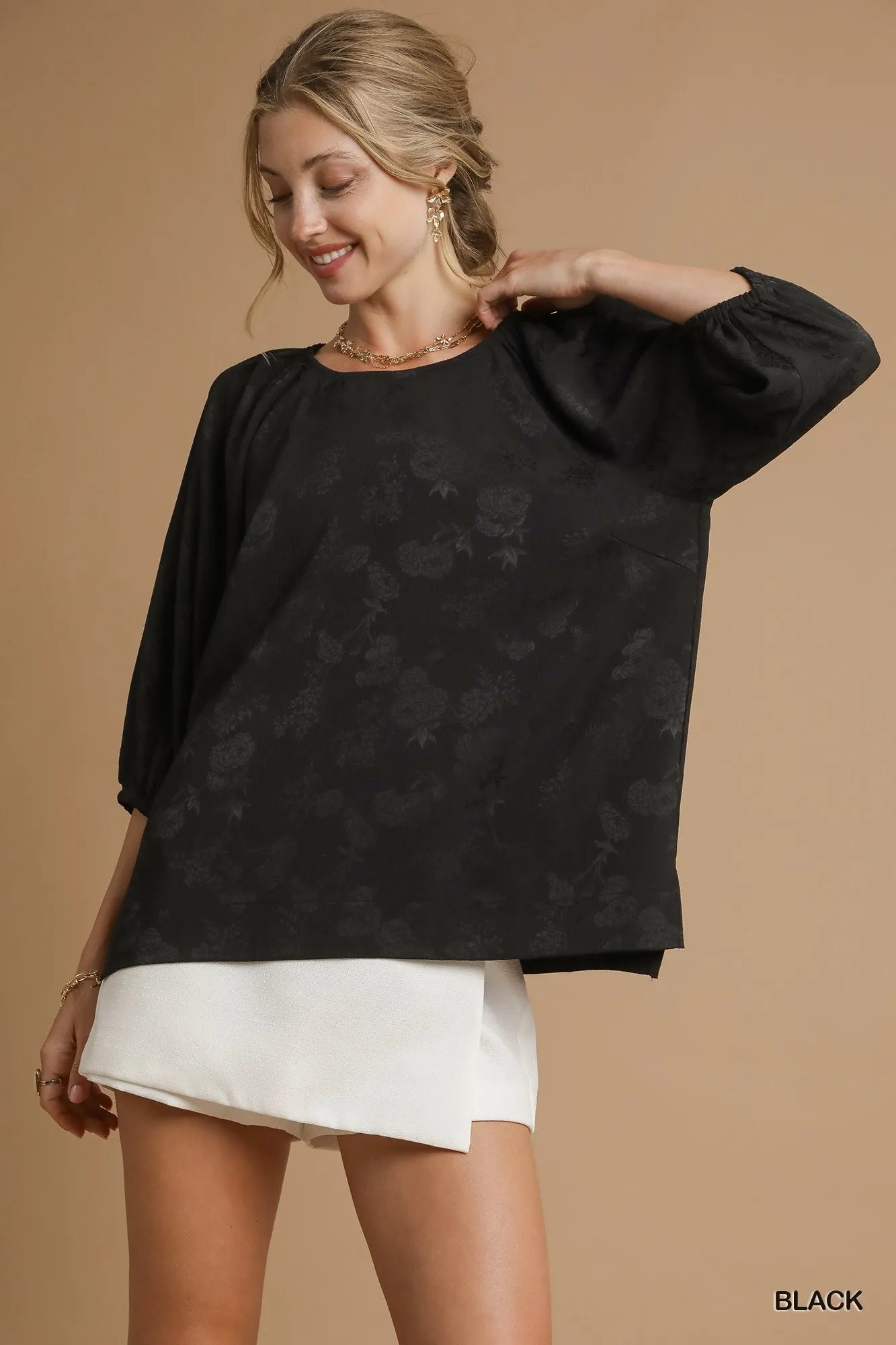Satin Jacquard Balloon Sleeve Blouse