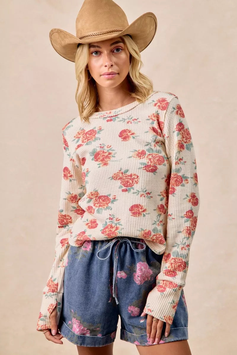 Floral Washed Waffle Thermal Top