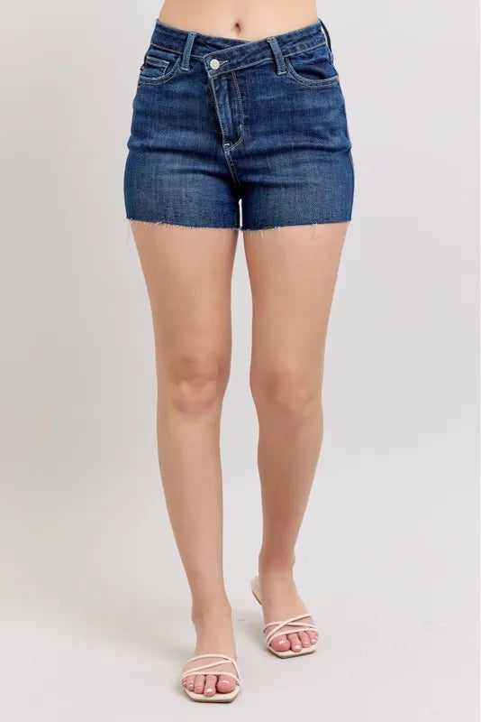 High Waist Criss-Cross Waistband Denim Shorts