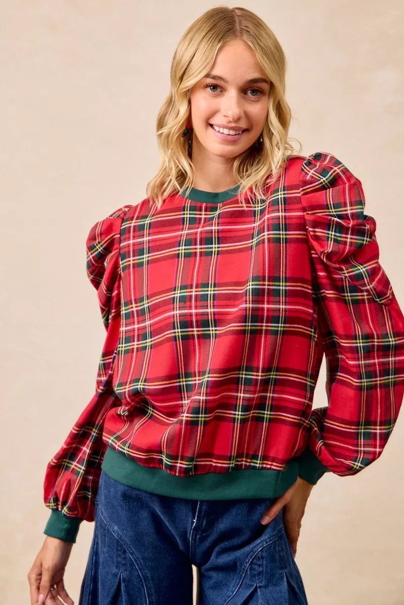 Plaid Exaggerated Shoulder Top