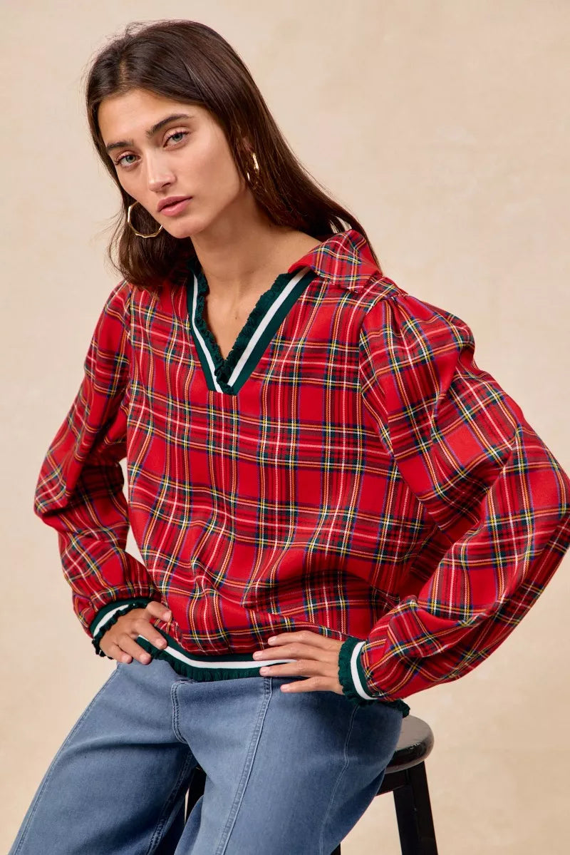 BiBi Christmas Plaid Collared Top with Ruffled Detail