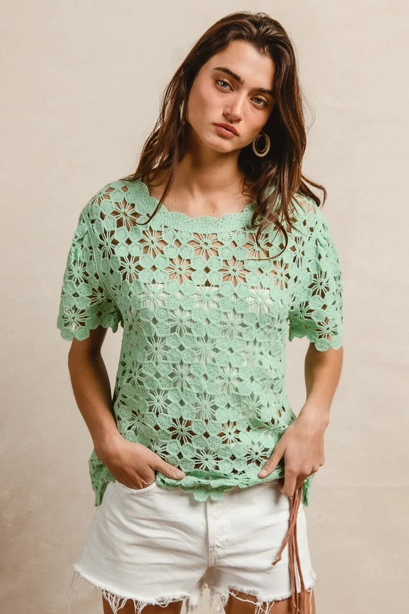 Openwork Crochet Short Sleeve Knit Top
