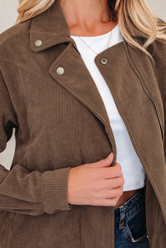Corduroy Lapel Collar Zip-Up Buttoned Jacket