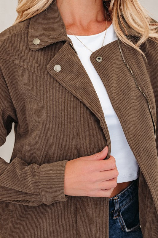 Corduroy Lapel Collar Zip-Up Buttoned Jacket