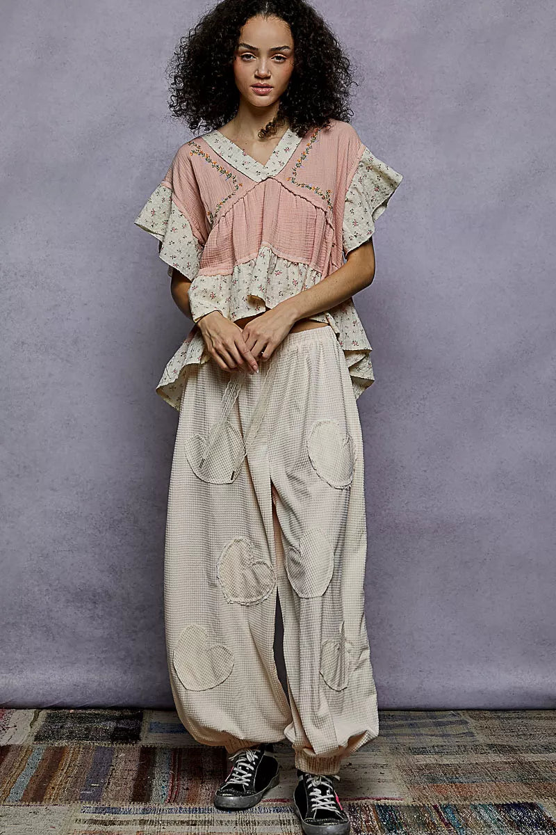 POL Floral V-Neck Short Sleeve Ruffled Double Gauze Blouse with Embroidery Detail