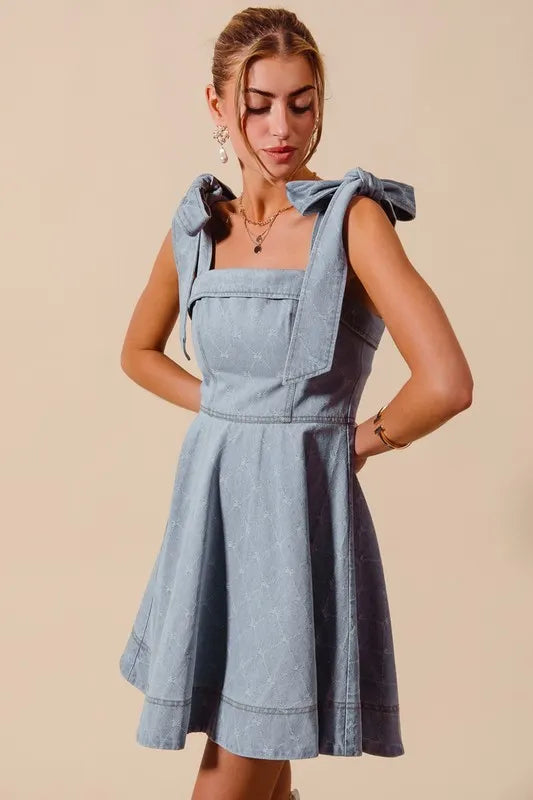 Fit and Flare Diamond Bow Ribbon Denim Dress