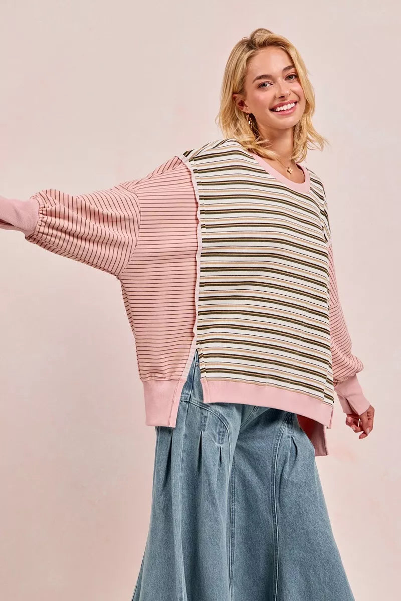 Striped Top With Cut Edge And Reverse Outseam