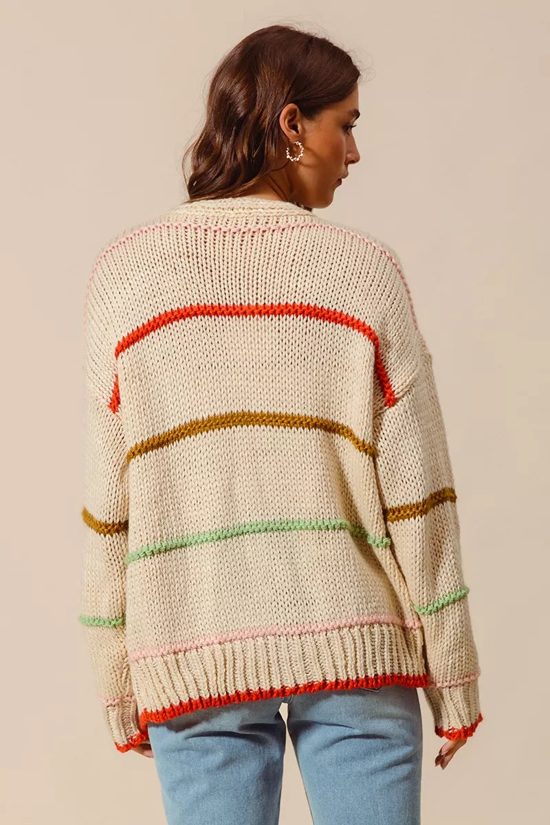 Loose Fit Multi Stripe Open Front Cardigan