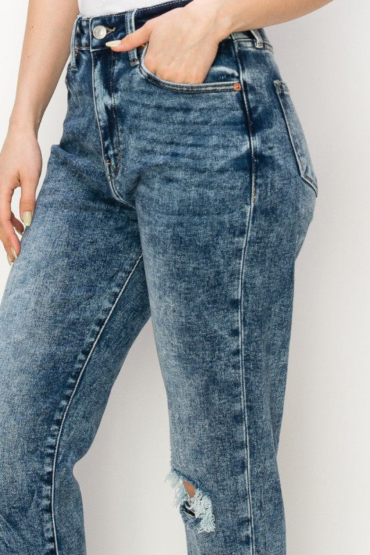 High Rise Stretch Distressed Mom Jeans