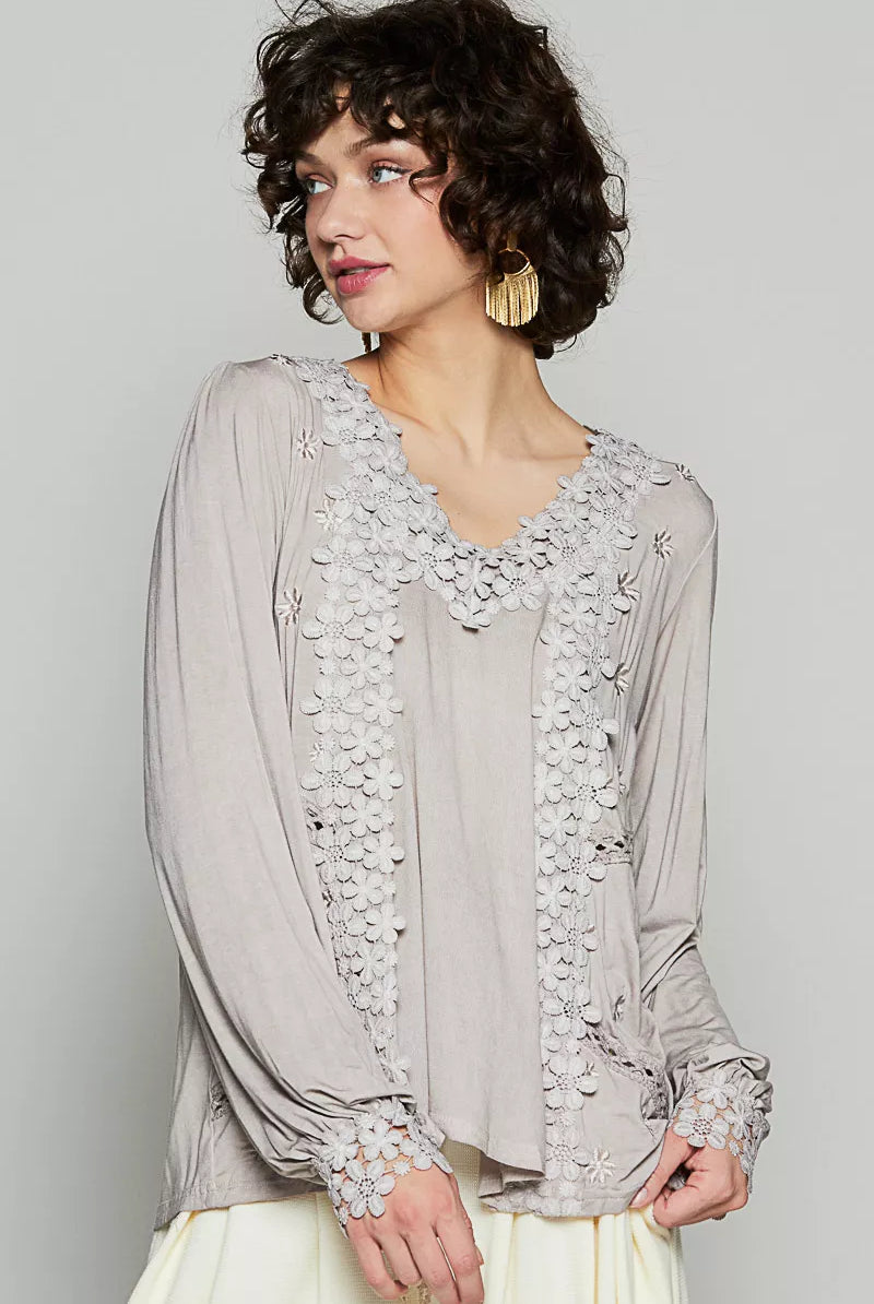 Floral Embroidery Woven Top with Lace Trim