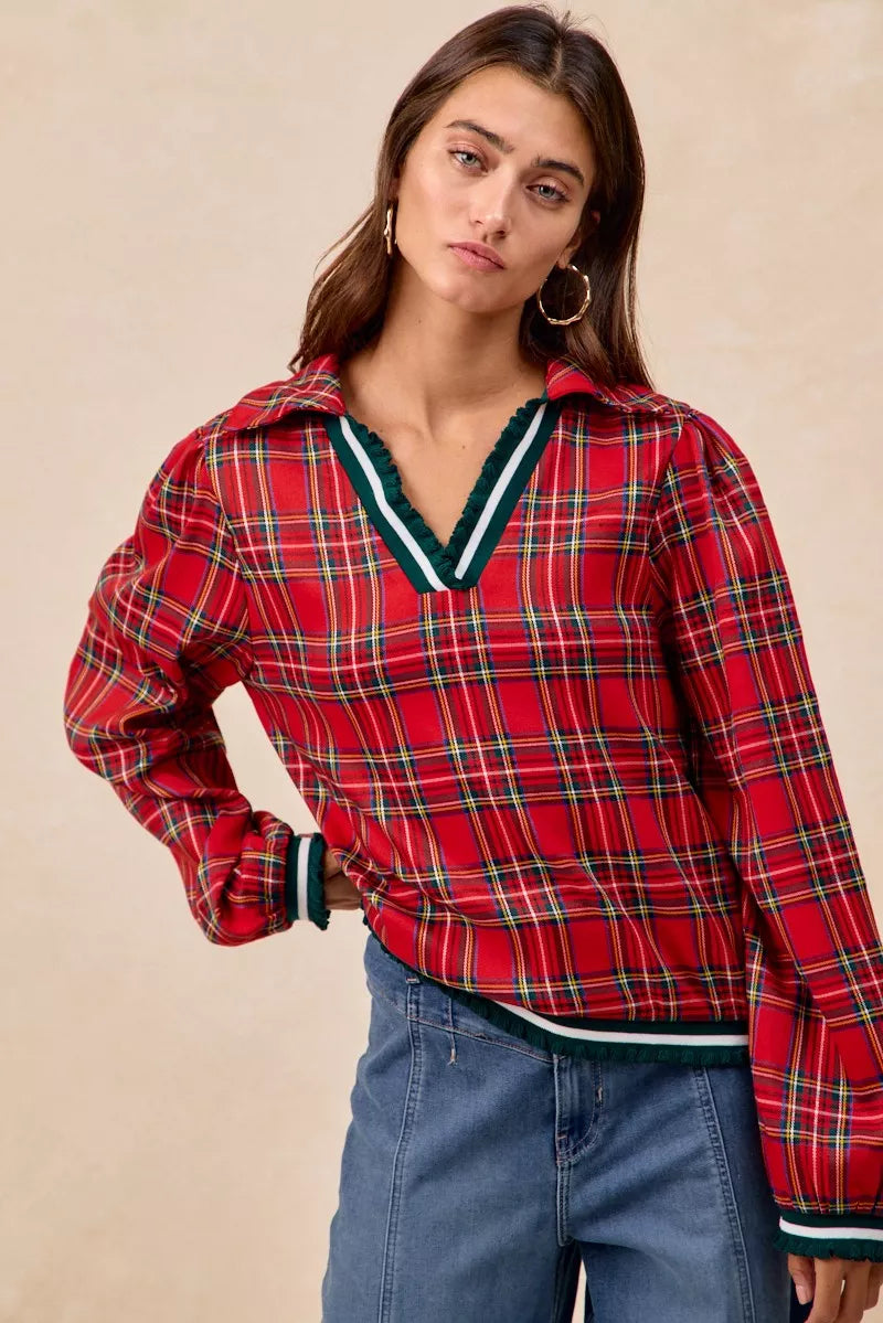 BiBi Christmas Plaid Collared Top with Ruffled Detail