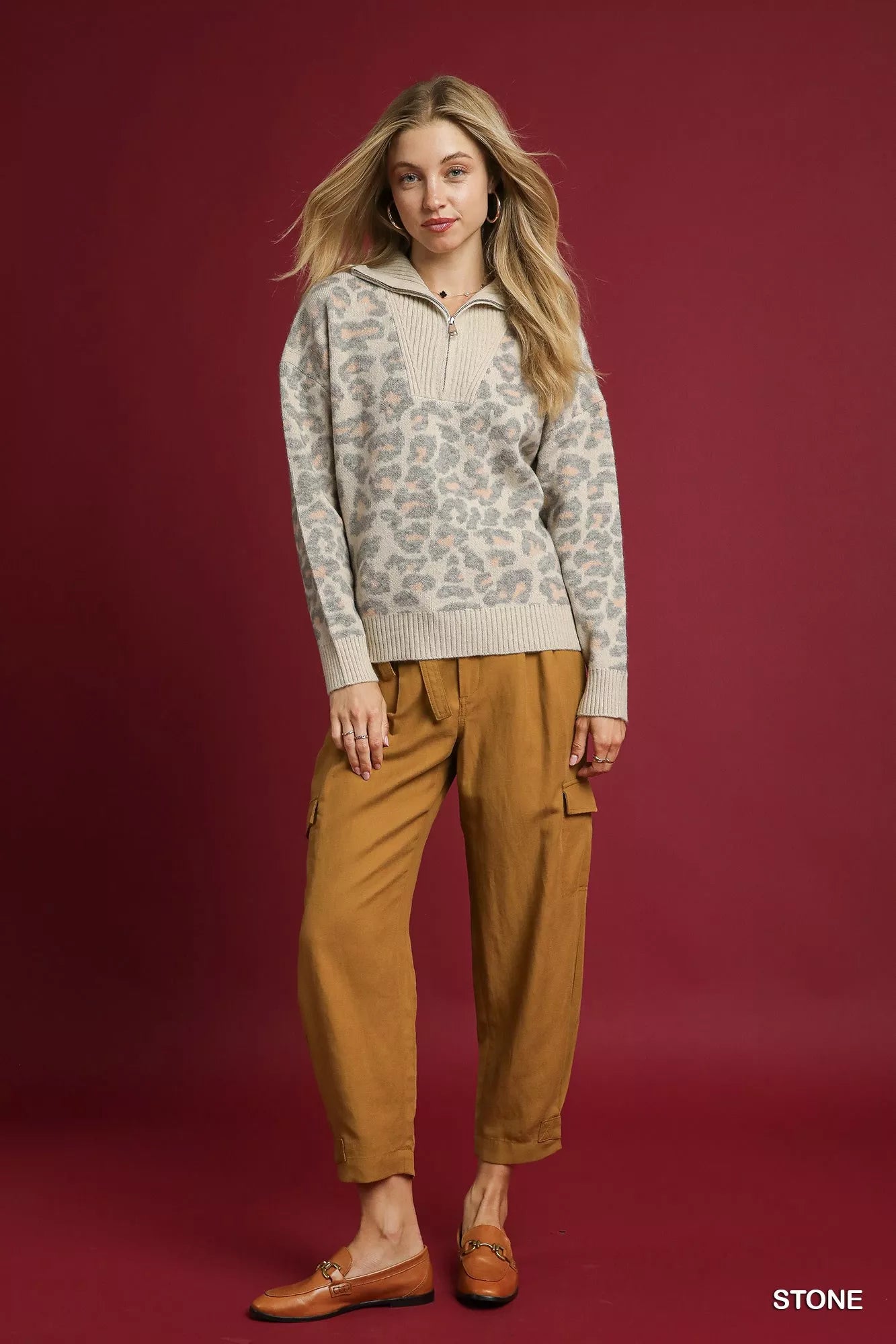 Leopard Print Quarter-Zip Knit Sweater