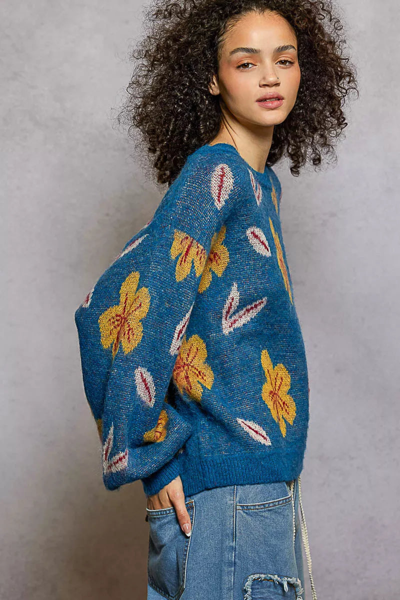 Floral Pattern Balloon Sleeve Sweater