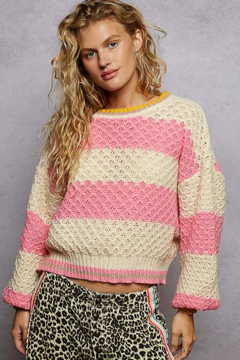 Contrast Striped Cable Knit Sweater