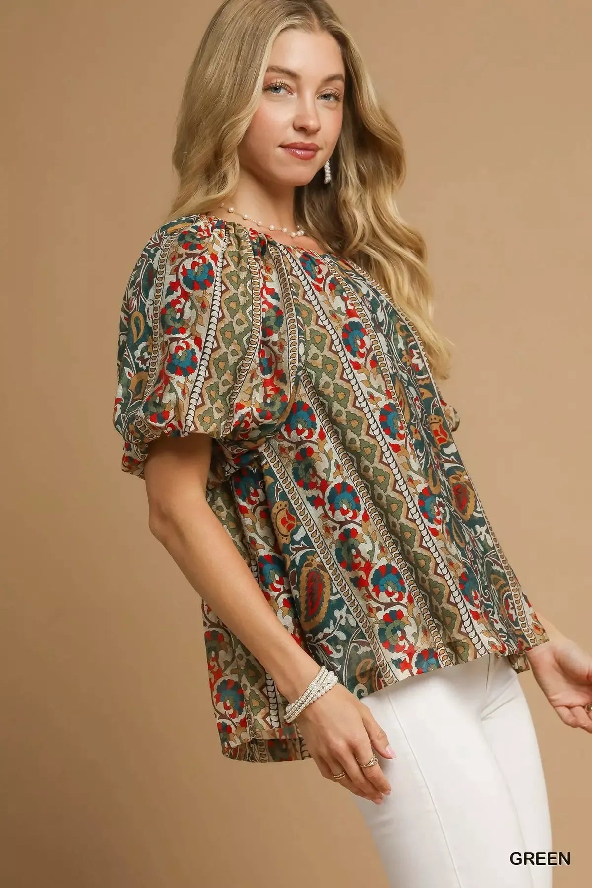 Boho Floral Stripe Puff Sleeve Blouse