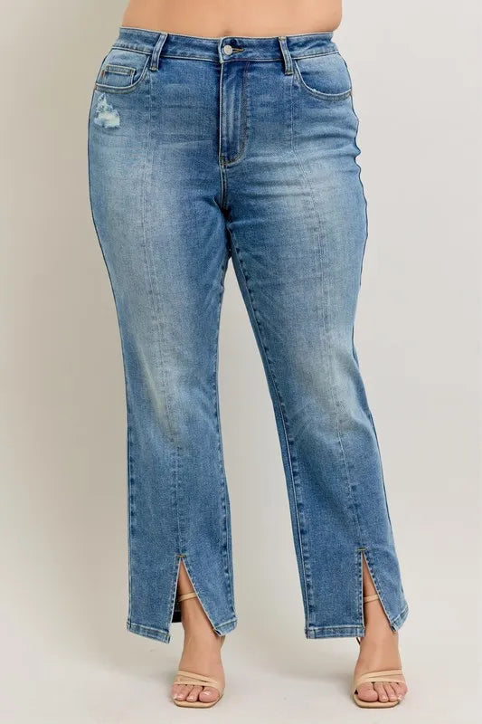High Waist Front Seam & Slit Straight Jeans