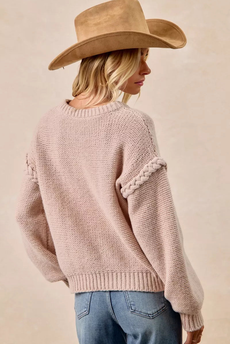 Cable Knit Sweater with Shoulder Braid Detail