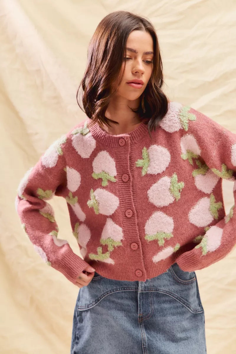 Strawberry Pattern Button-Up Cardigan