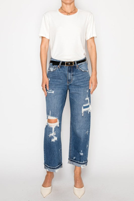 High Rise Distressed Straight Leg Jeans