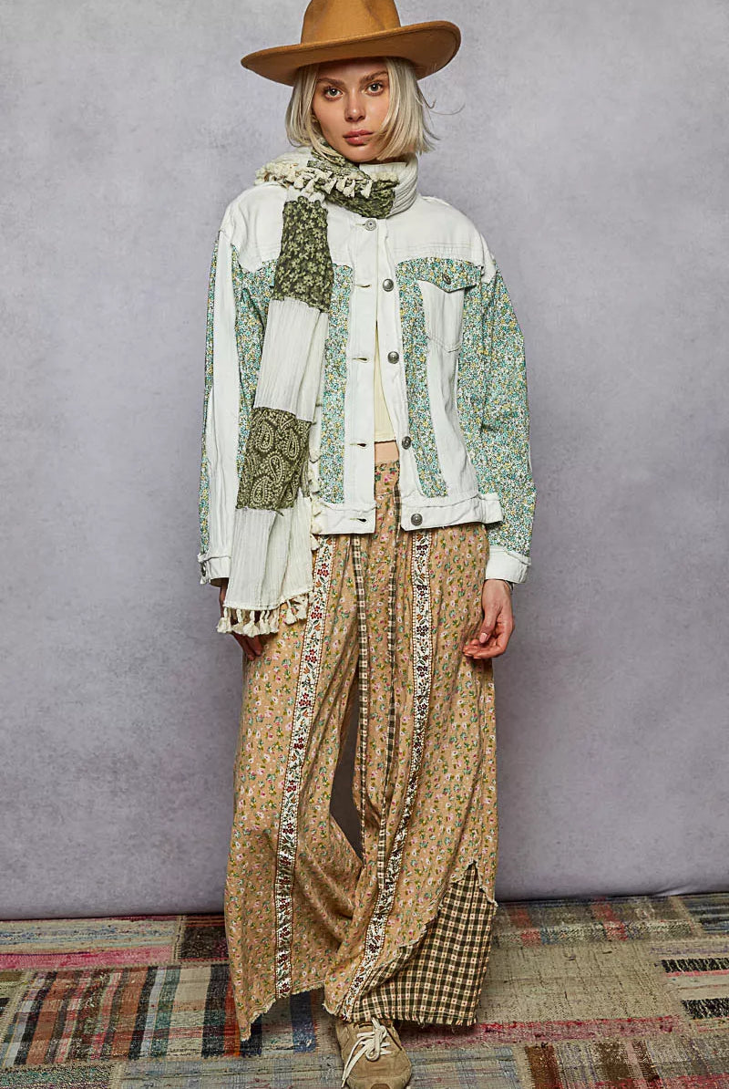 POL Button Down Patchwork Denim Jacket with Floral Print Details