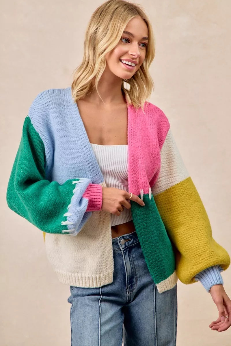 Color Block Open Front Cardigan