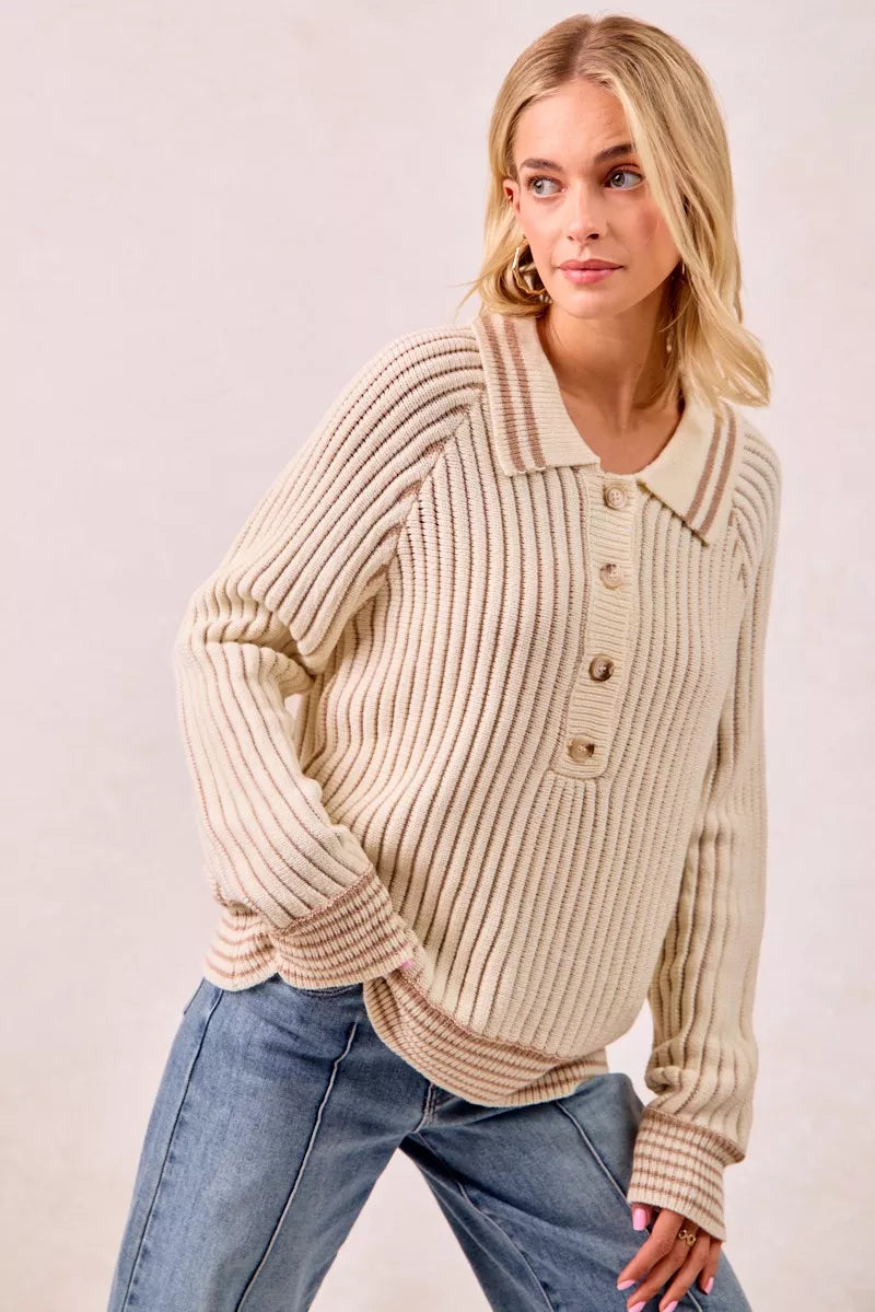 Half Button Ribbed Two Tone Sweater