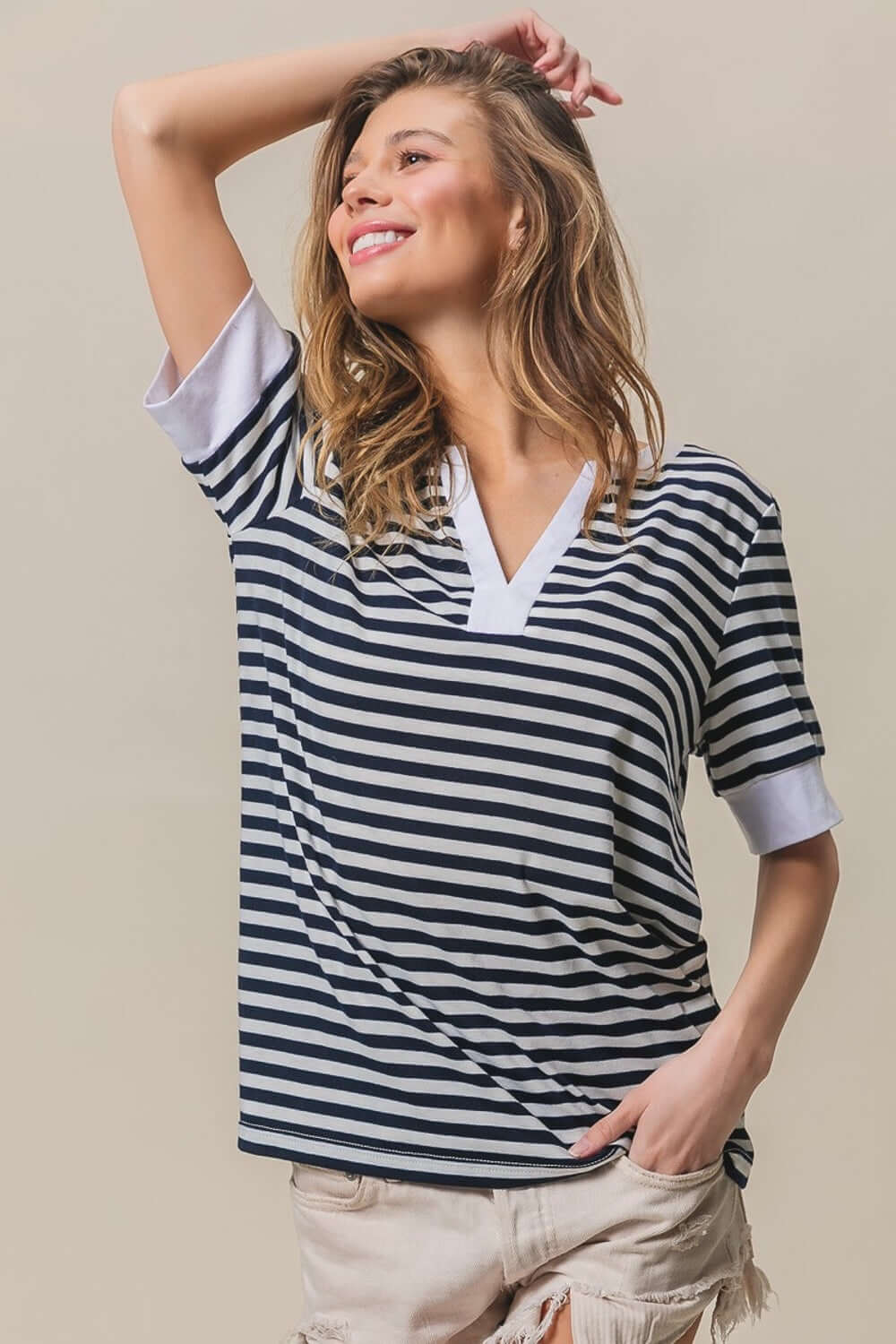 Contrast Striped Notched Top