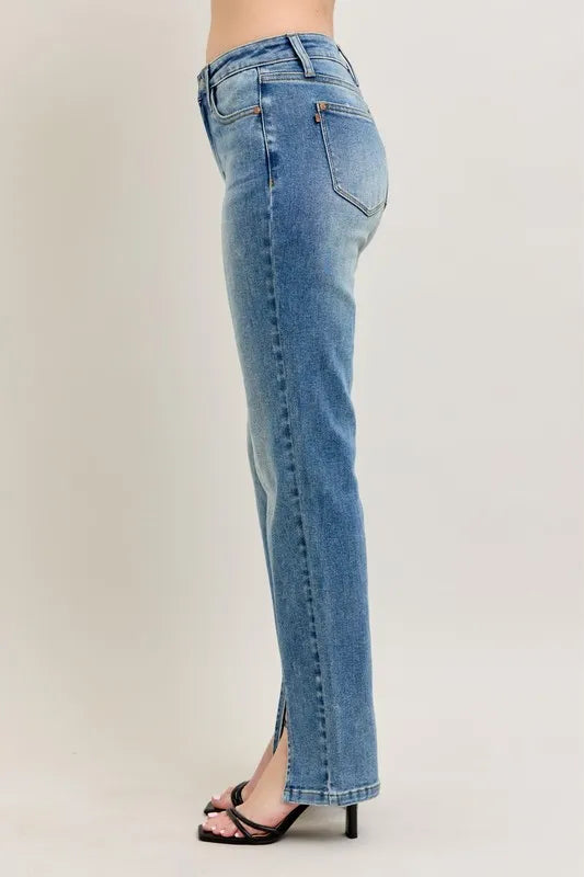 High Waist Front Seam & Slit Straight Jeans