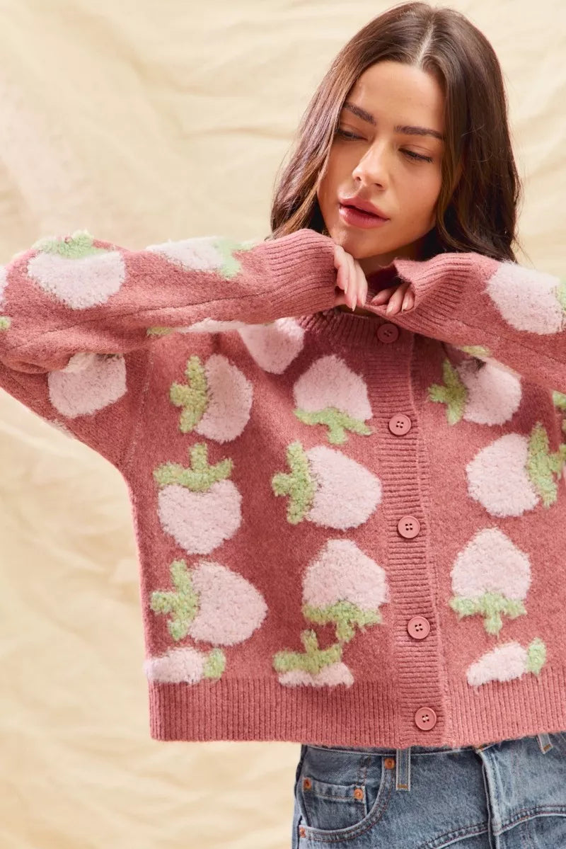 Strawberry Pattern Button-Up Cardigan
