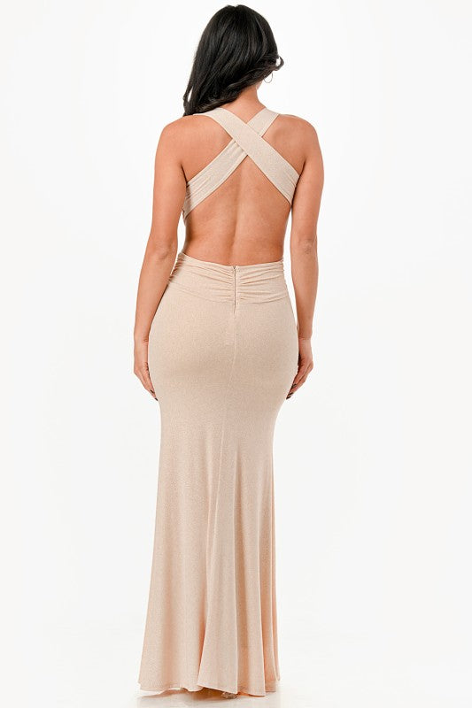 Ruched Halter Top Full Length Gown
