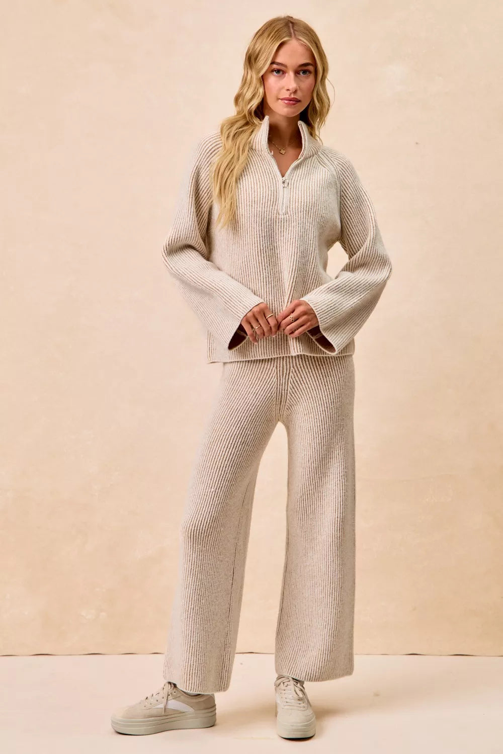 Rib Textured Knit Collared Top with Zip Up