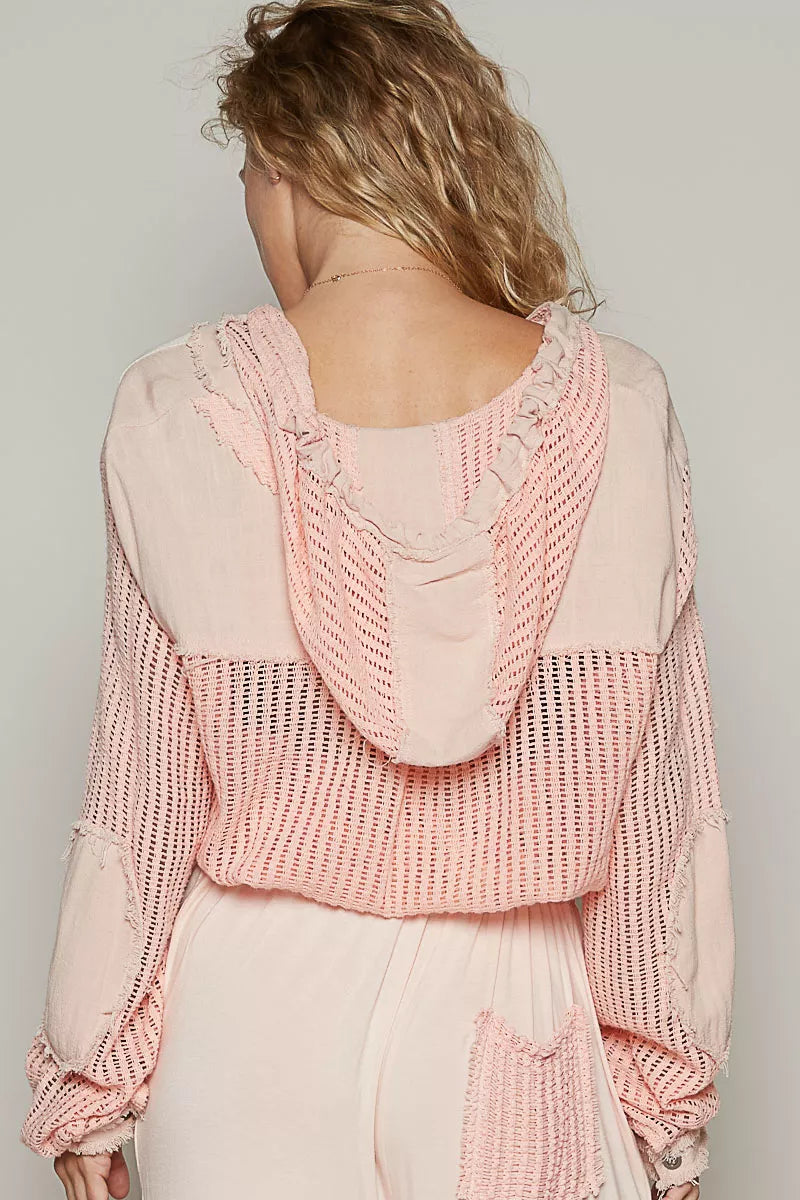 Textured Woven Button Down Hooded Shirt