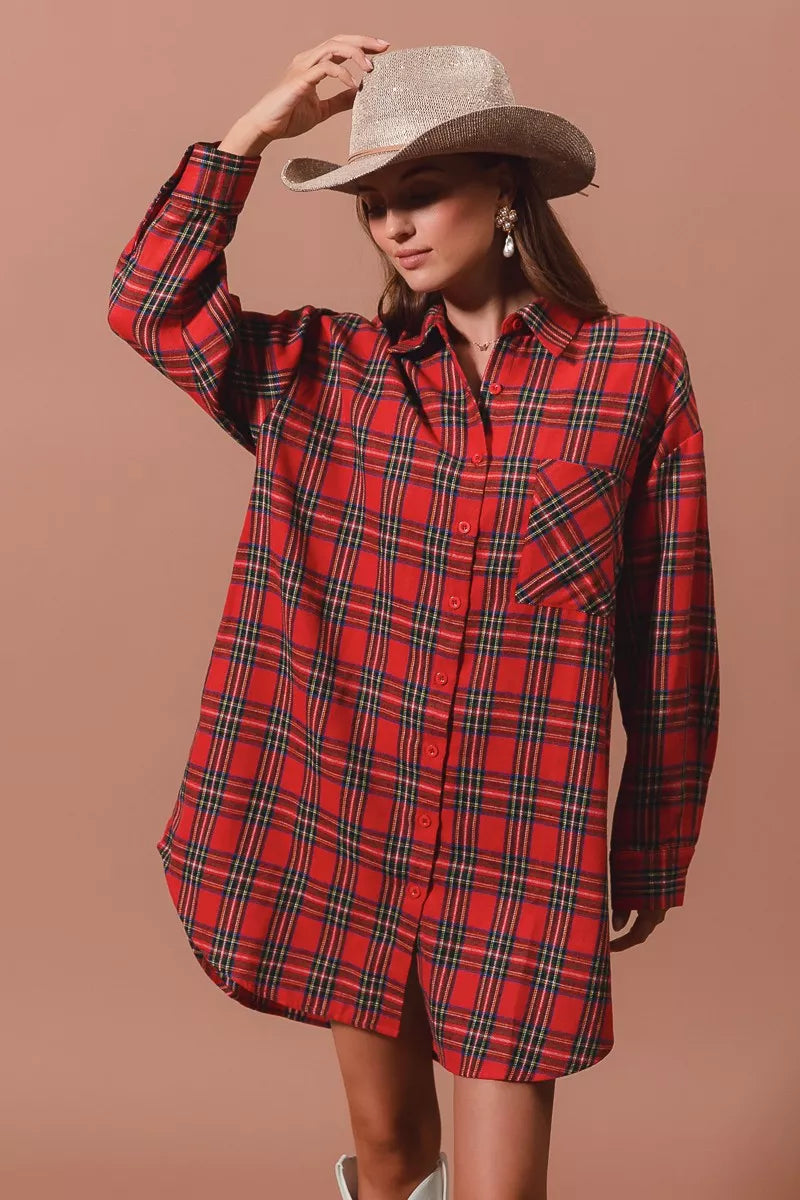 Christmas Plaid Button Up Shirt Dress