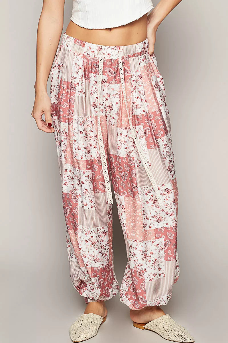 Drawstring Floral Patchwork Wide leg Pants