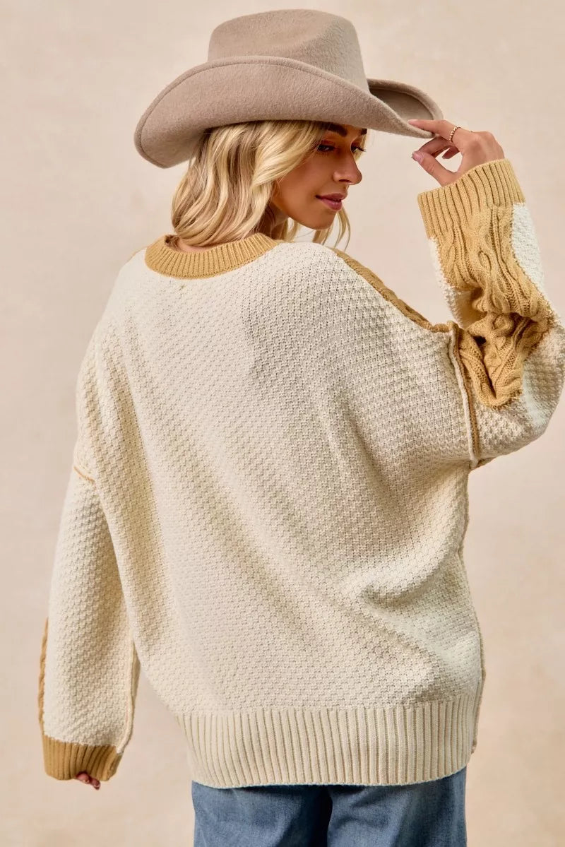 BiBi Cable Knit With Hacci Combo Sweater With Uneven Hem Detail