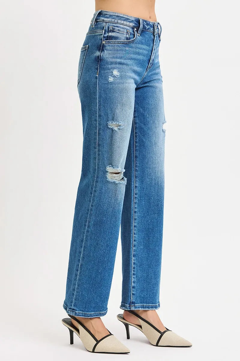 High Rise Ankle Straight Distressed Jeans