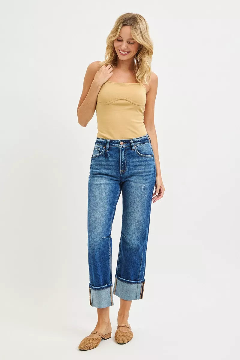 High Rise Straight Jeans with Distressed Hem