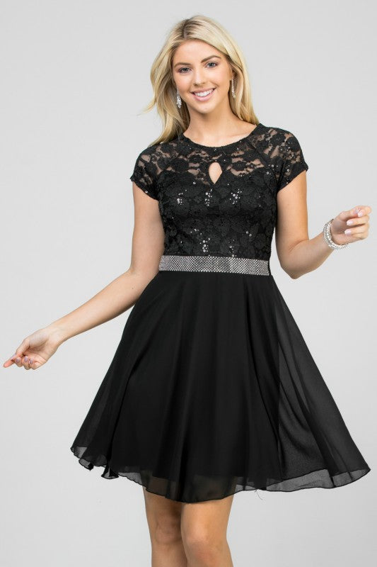Lace Bodice Beaded Belt Chiffon Mini Dress