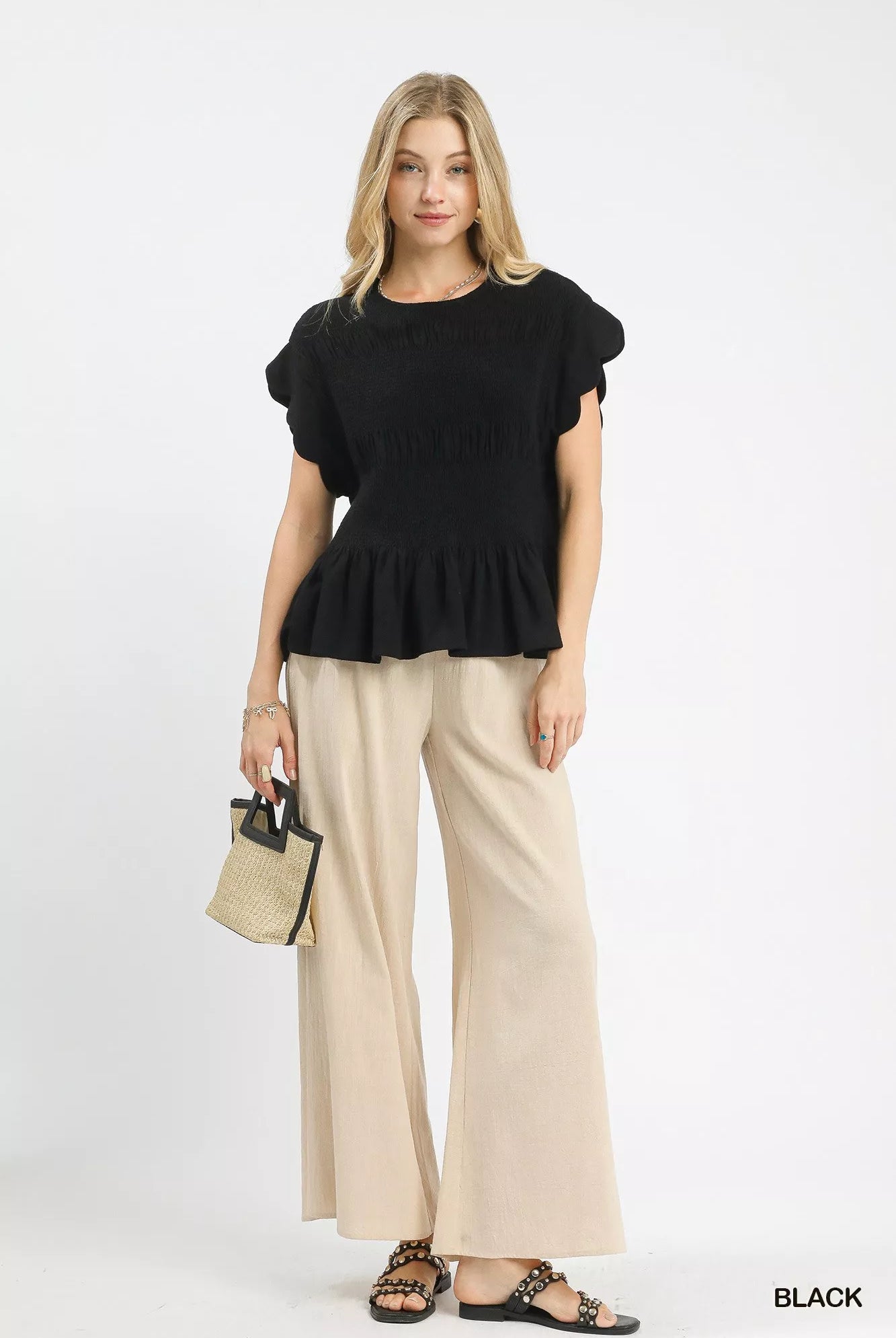 Linen Blend Smocked Peplum Blouse