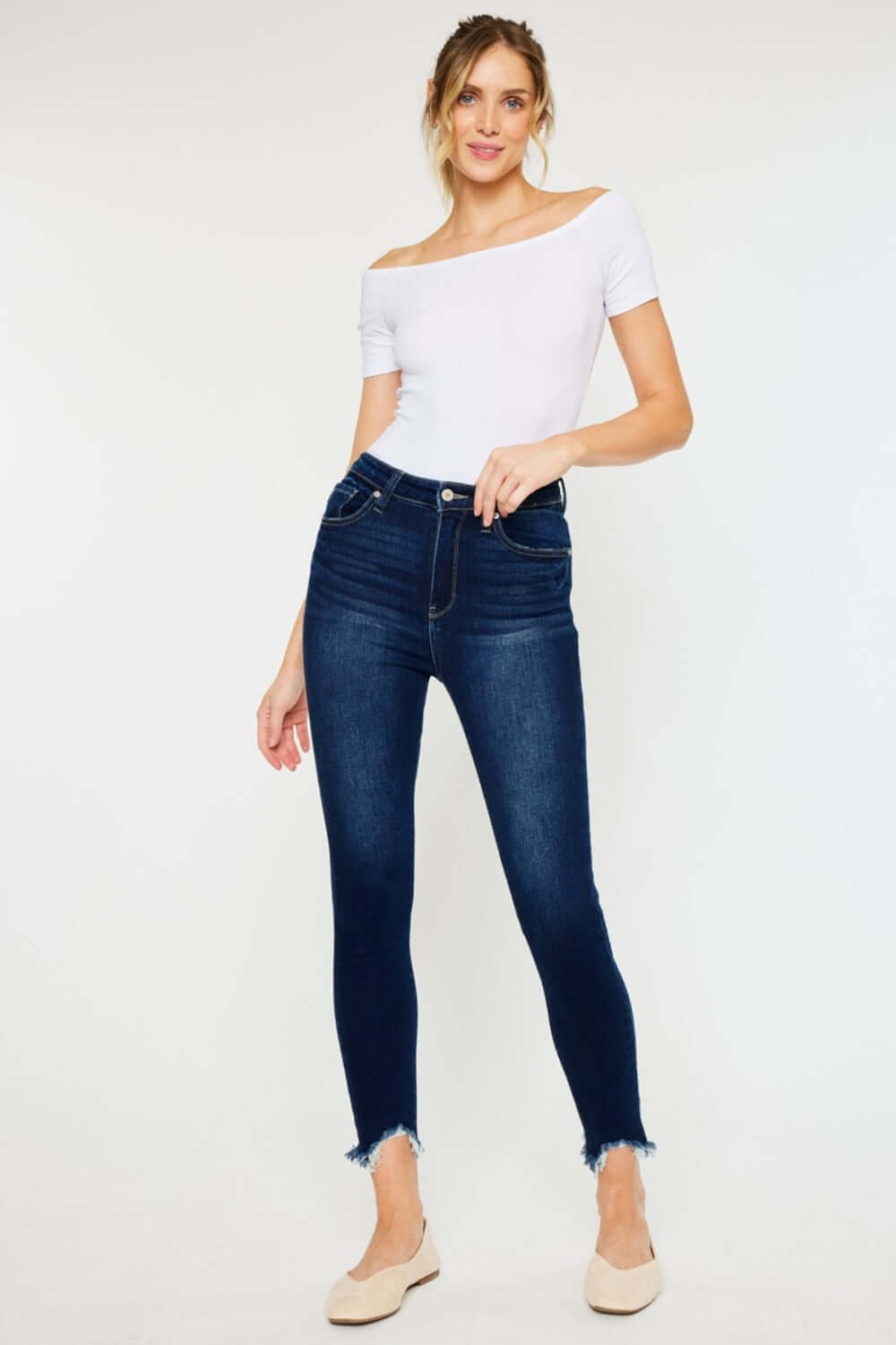High Rise Frayed Ankle Skinny Jeans