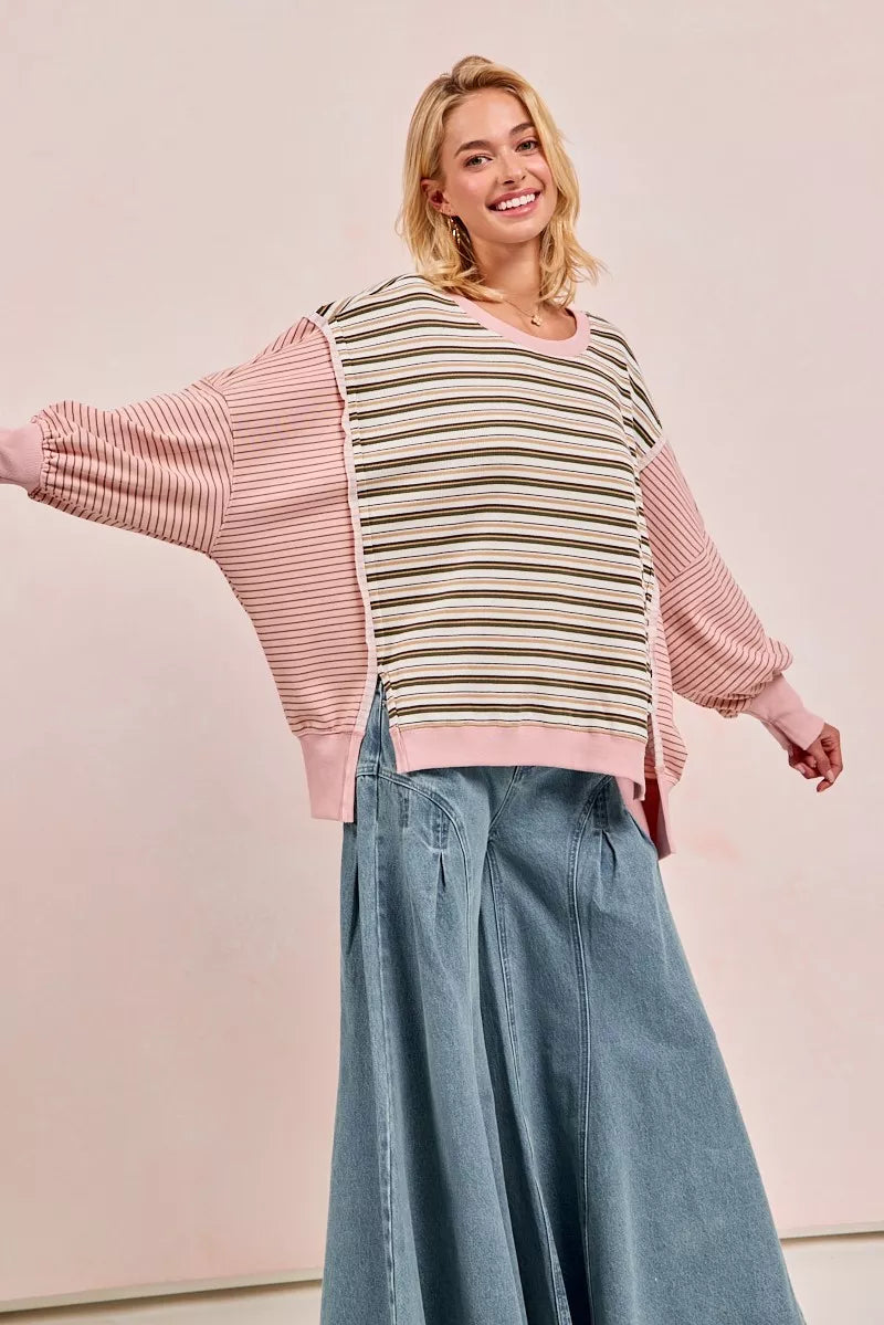 Striped Top With Cut Edge And Reverse Outseam