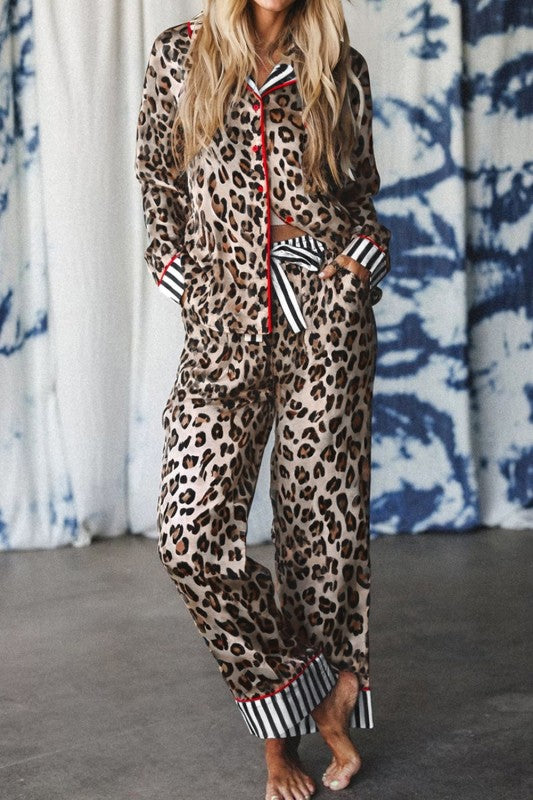 Leopard Colorblock Stripe Edge Pajama Set