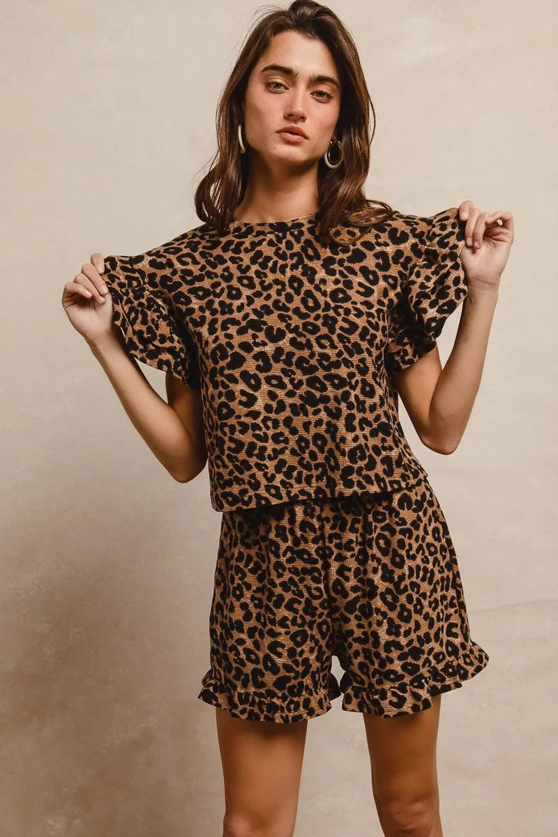 Leopard Print Waffle Texture Top and Shorts Set
