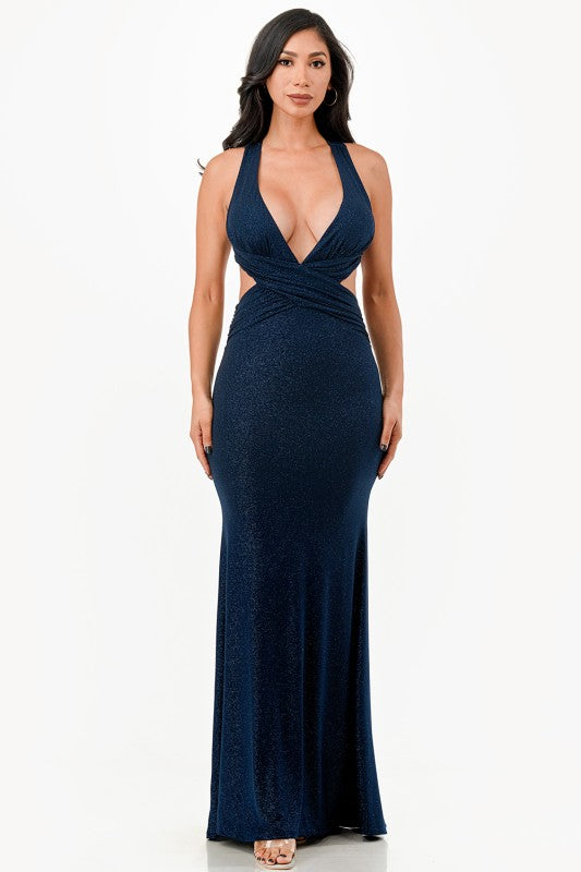 Ruched Halter Top Full Length Gown