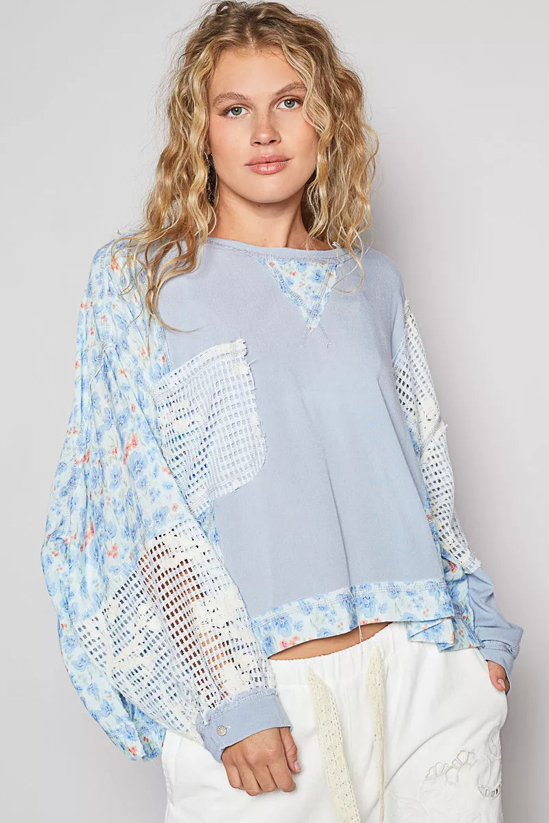 Cropped Gauze Floral Pattern Top