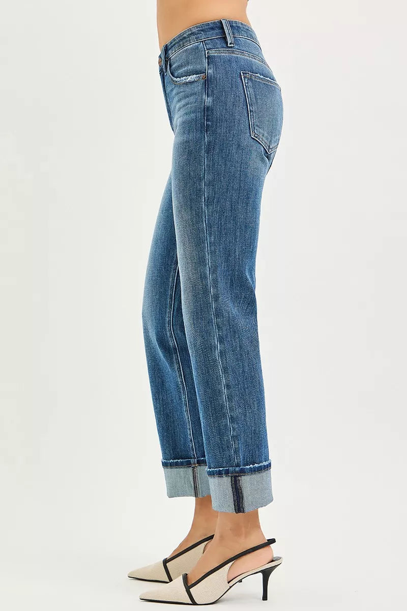4 Way Stretch Slouchy Straight Jeans with Cuffed Hem