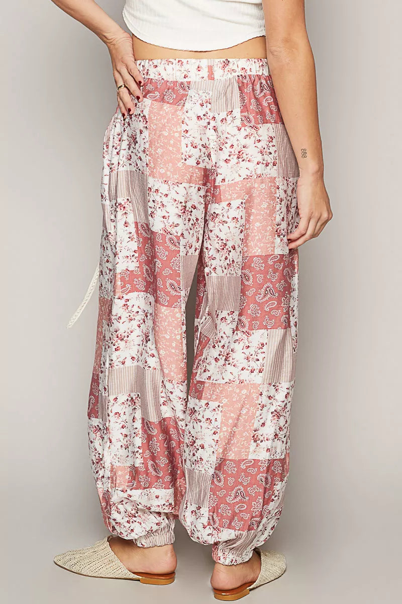 Drawstring Floral Patchwork Wide leg Pants