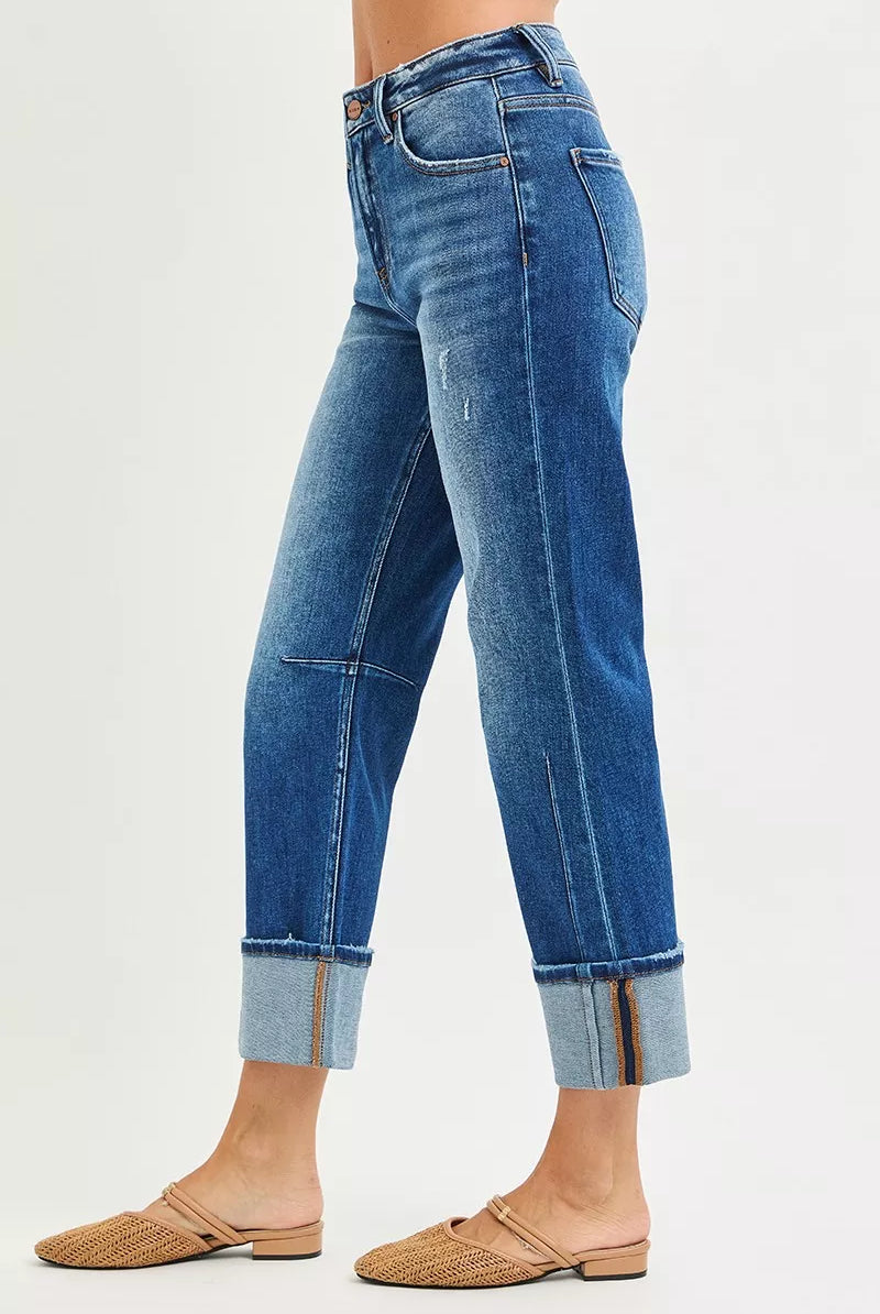 High Rise Straight Jeans with Distressed Hem